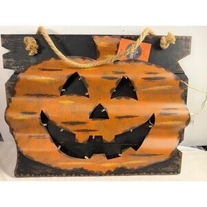 13th Avenue Halloween Light Up Metal Pumpkin Wood Wall Decor Jack-O-Lantern